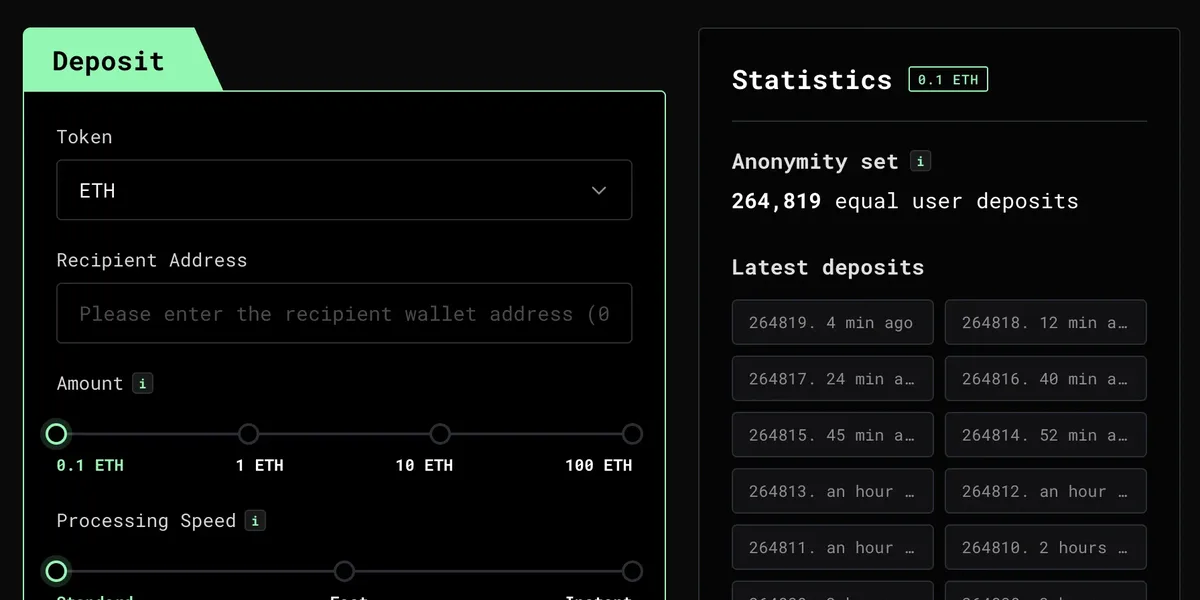 Tornado Cash ETH mixer deposit form