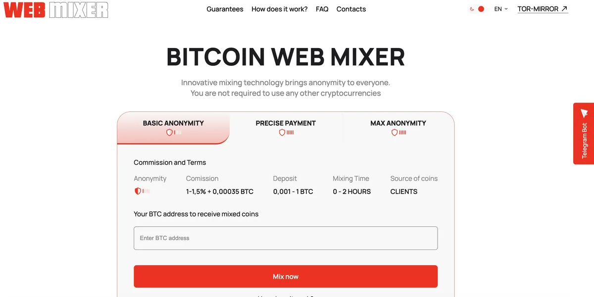 WebMixer Bitcoin web mixer order form